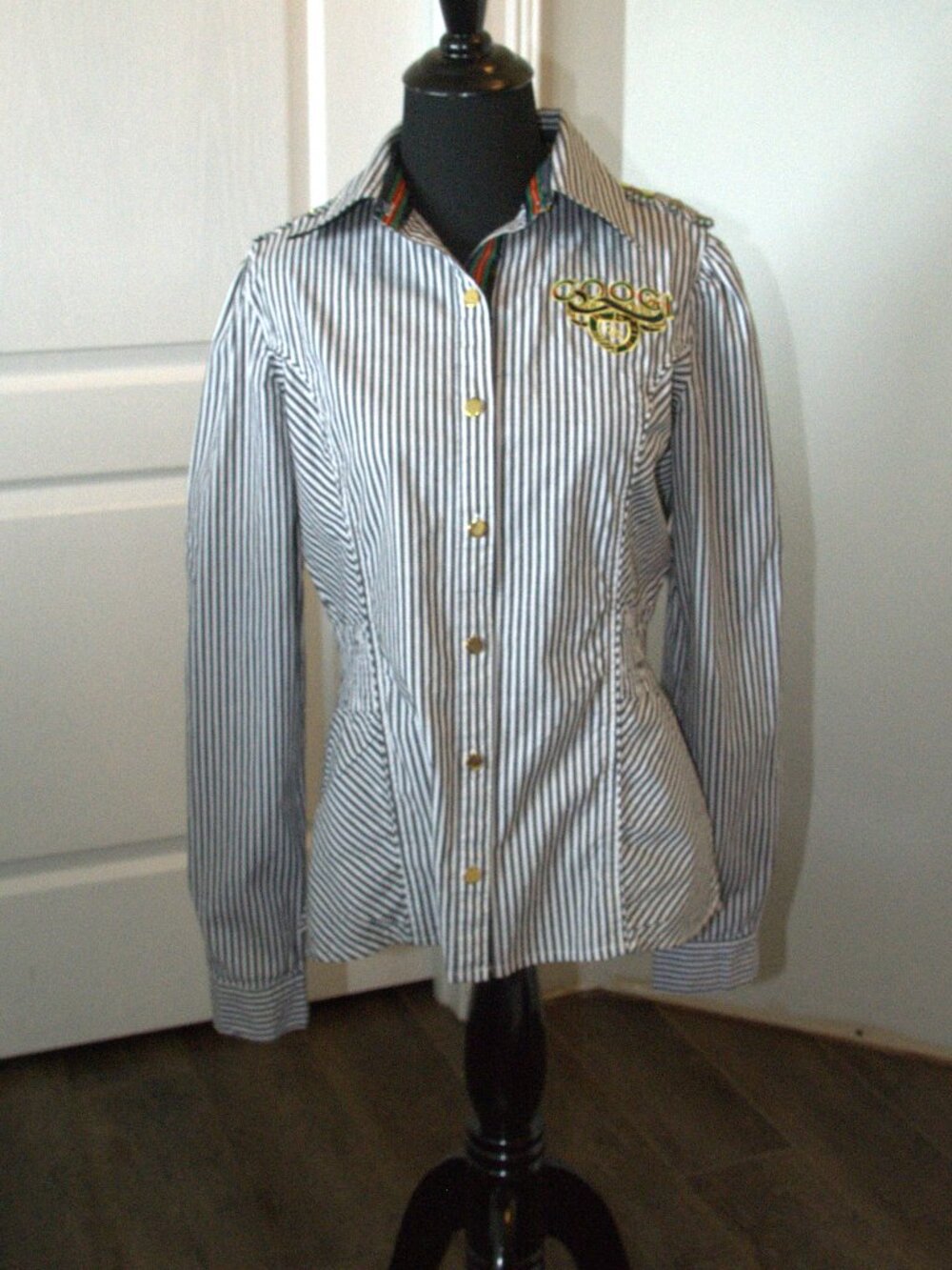 Coogi Women's Striped Button Down Long Sleeve Nautical Blouse size Small